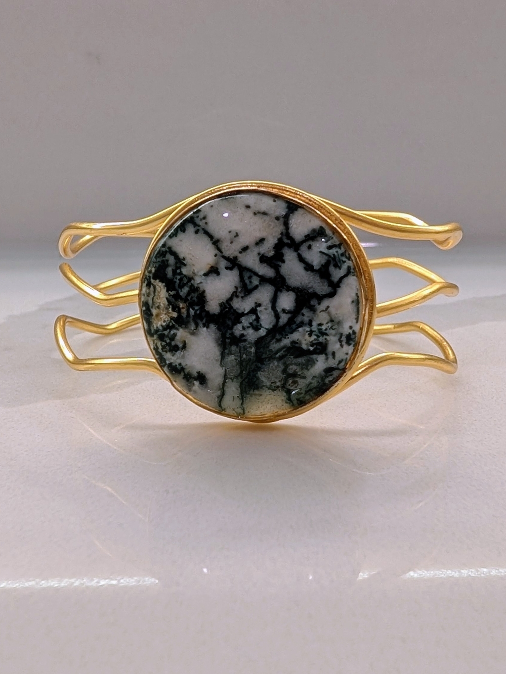 Gold-Tone Cuff Bracelet with Black & White Marbled Stone
